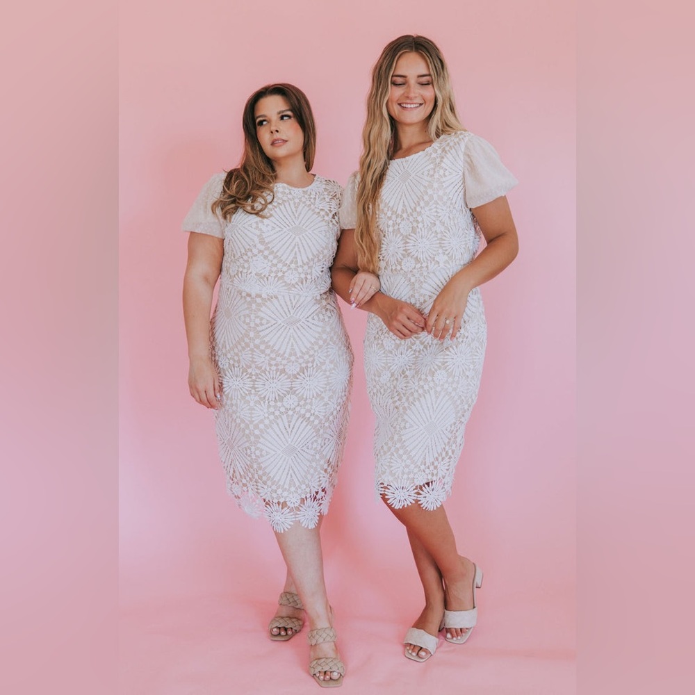 One Loved Babe The Daphne Ivory Floral Lace Polka Dot Mexh Sleeves Midi Dress XL
